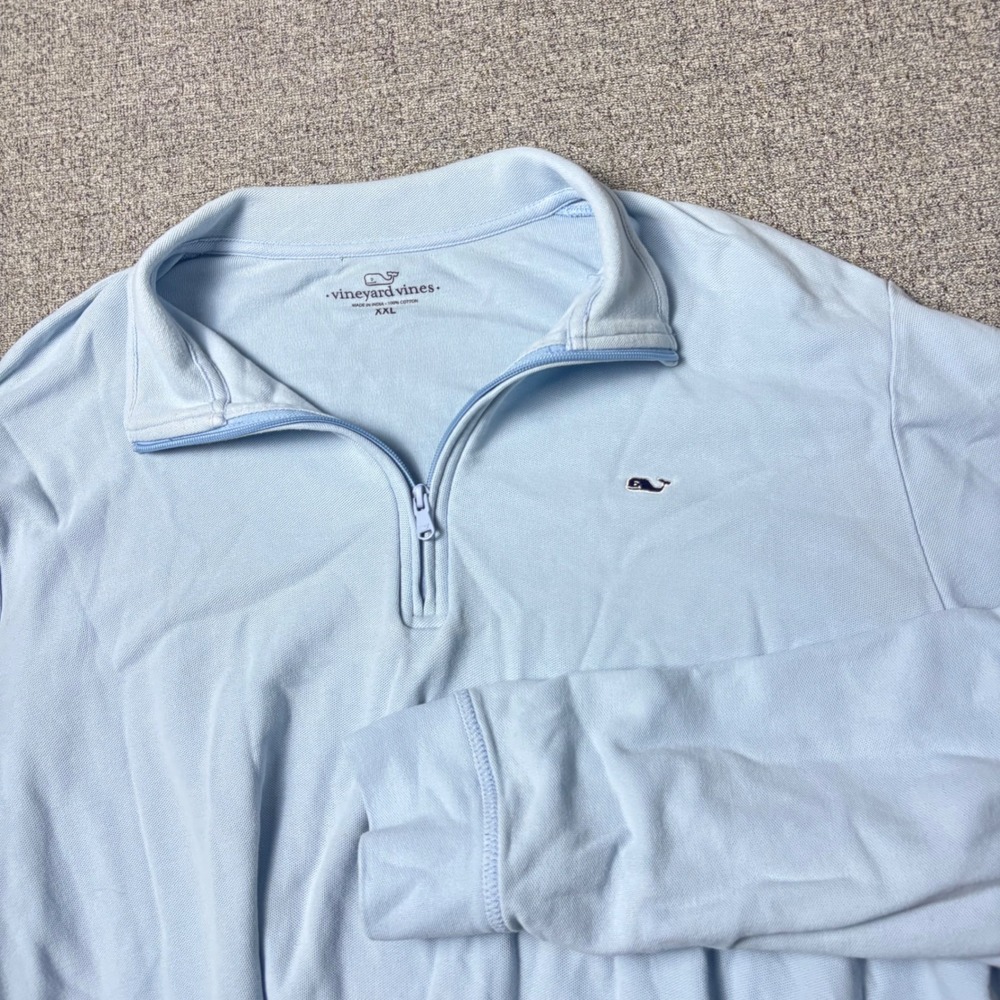 Vineyard Vines Pullover Mens XXL Quarter Zip Light Blue Pique Cotton Whale Logo